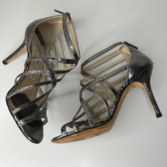 Jimmy Choo Cage Strappy Silver Snake Print Heels 36 - Picture 7 of 12
